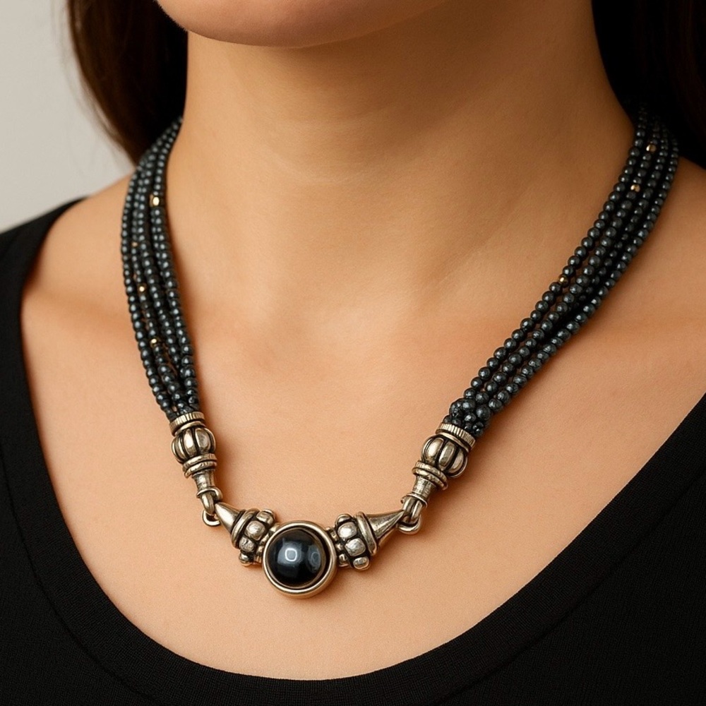 Lagos Caviar Two Tone GunMetal Hematite Pendant with Multi Strand Necklace RARE